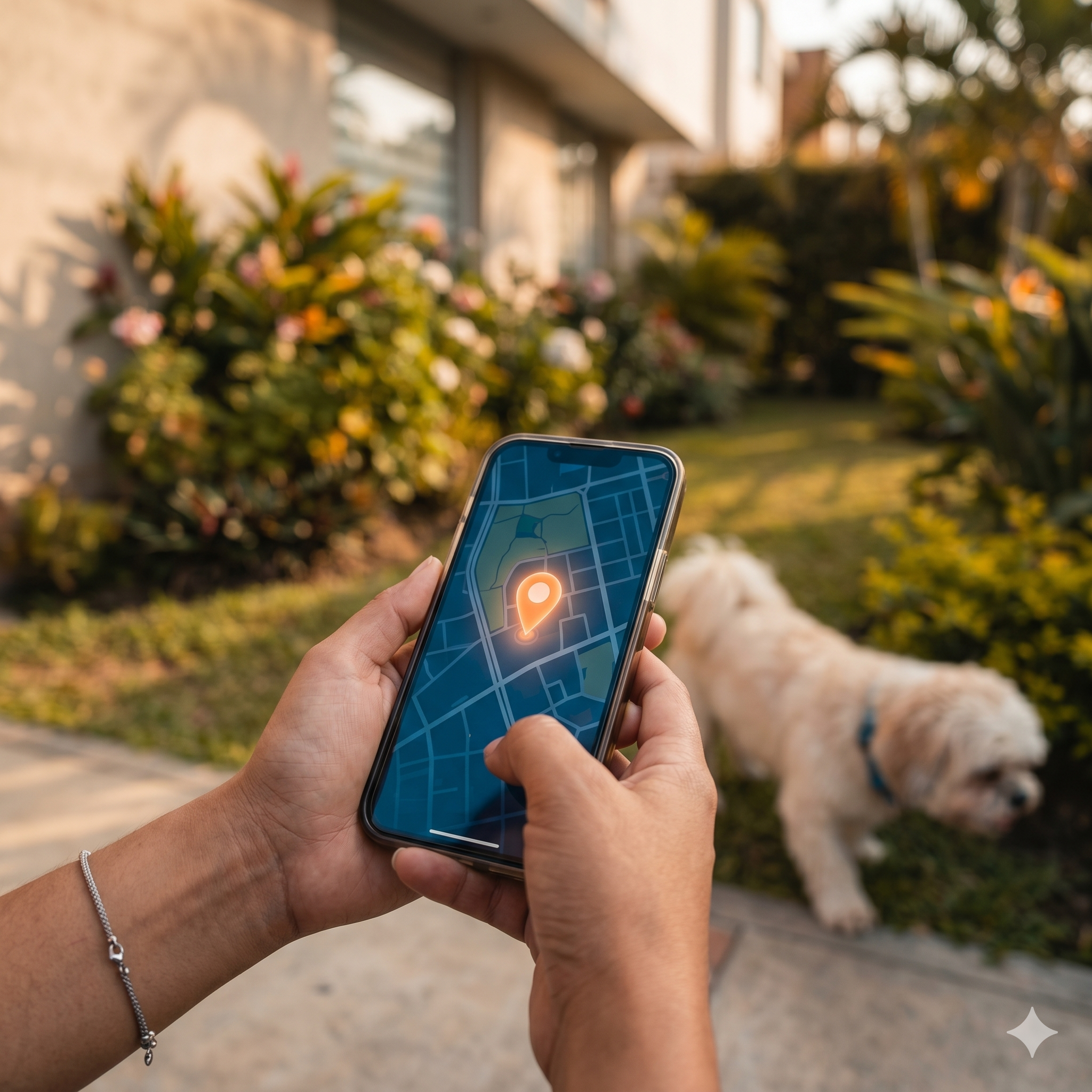 Persona localizando a su mascota con tecnología Bluetooth en la app