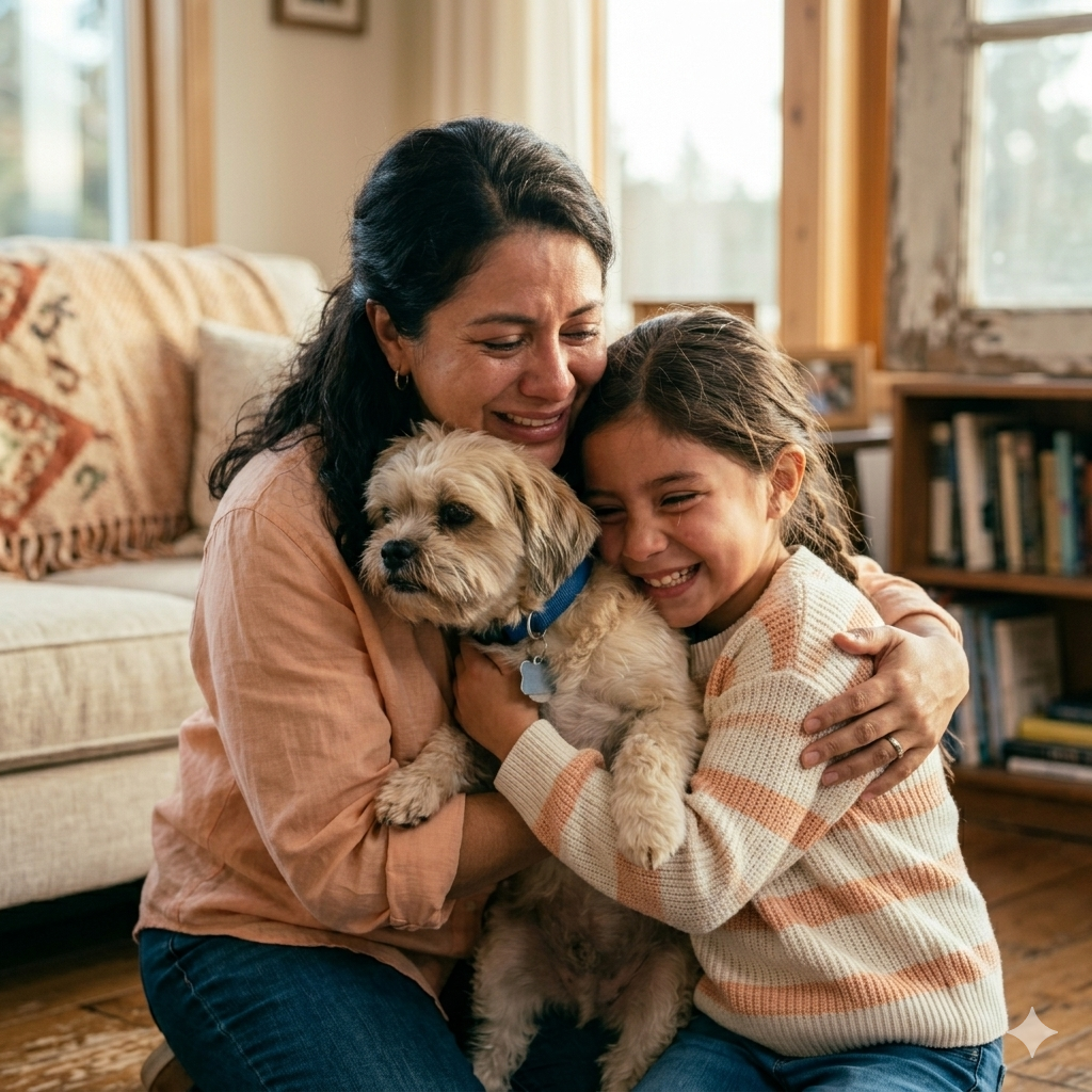 Familia abrazando a su perro reencontrado gracias a PETO-ID