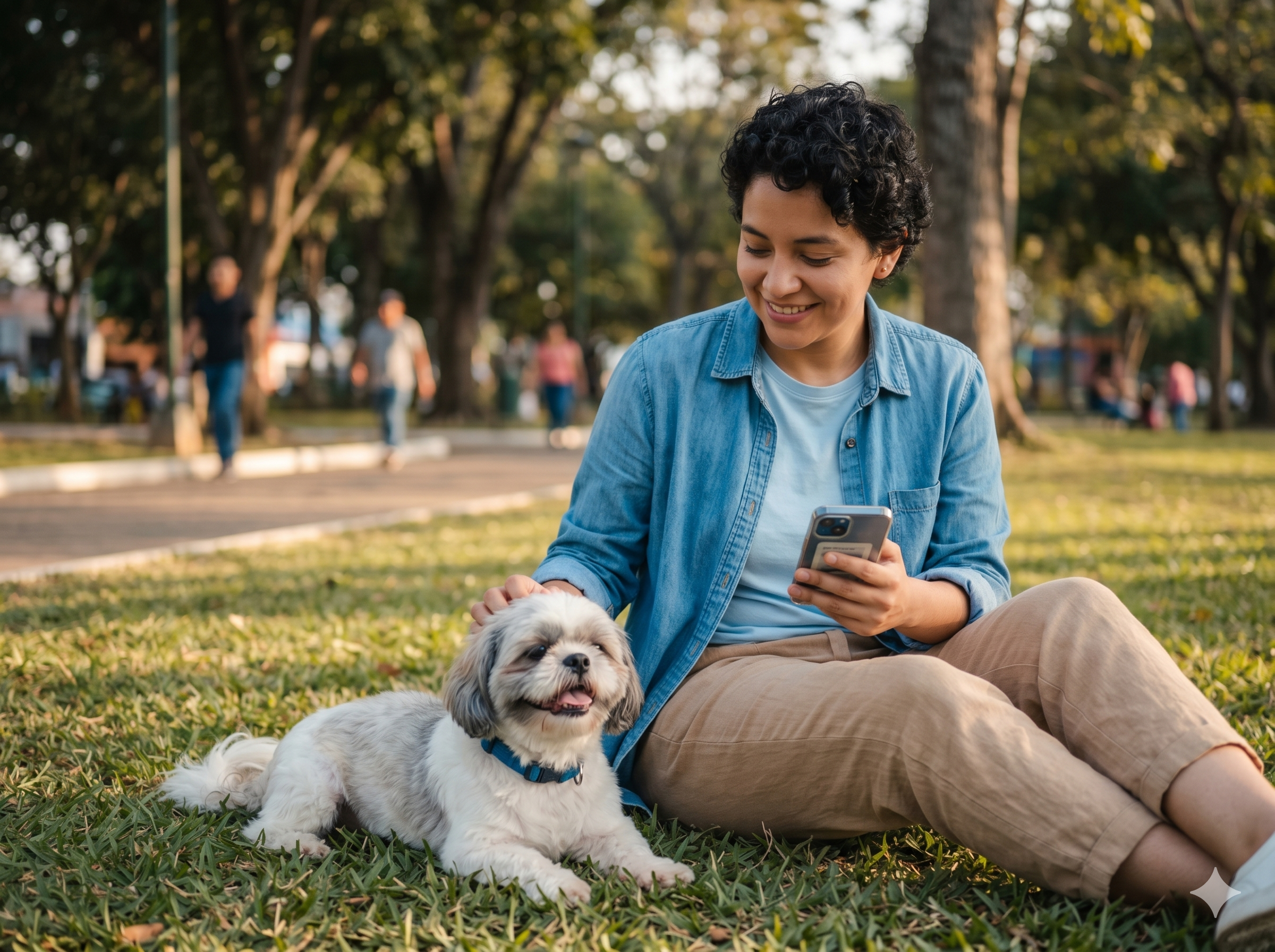 Dueño jugando con su perro en el parque mientras revisa la app PETO-ID