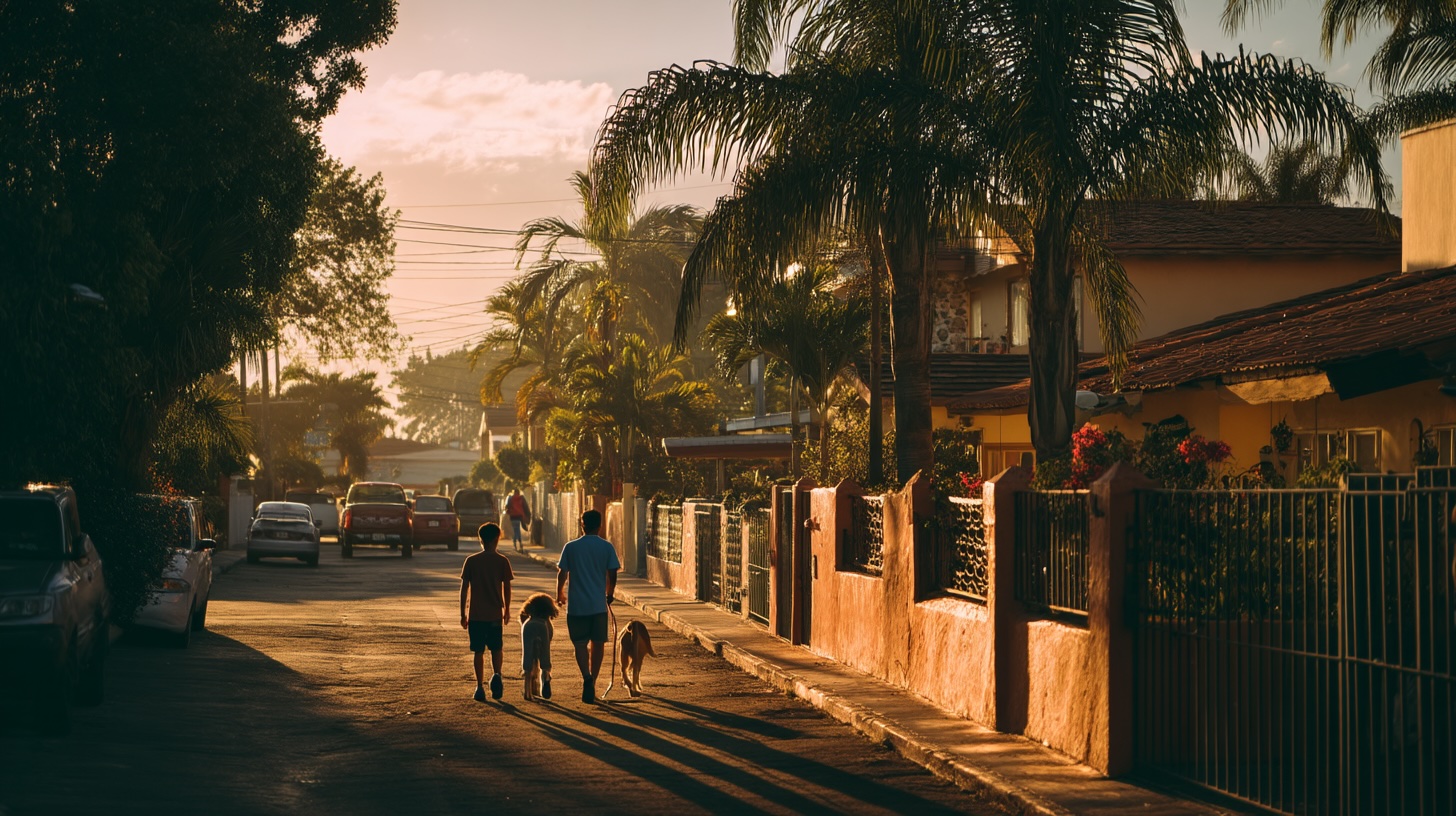 Familia paseando a su perro al atardecer en una calle salvadoreña