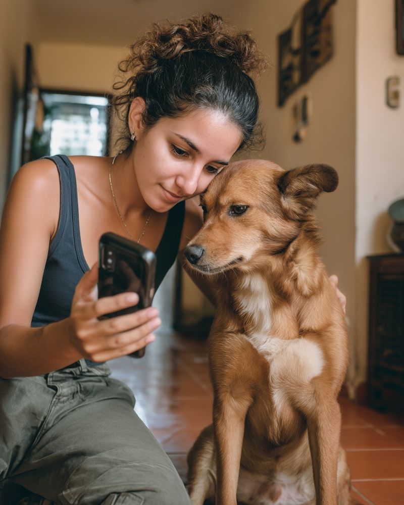 Mujer fotografiando la nariz de su perro con el celular en su casa