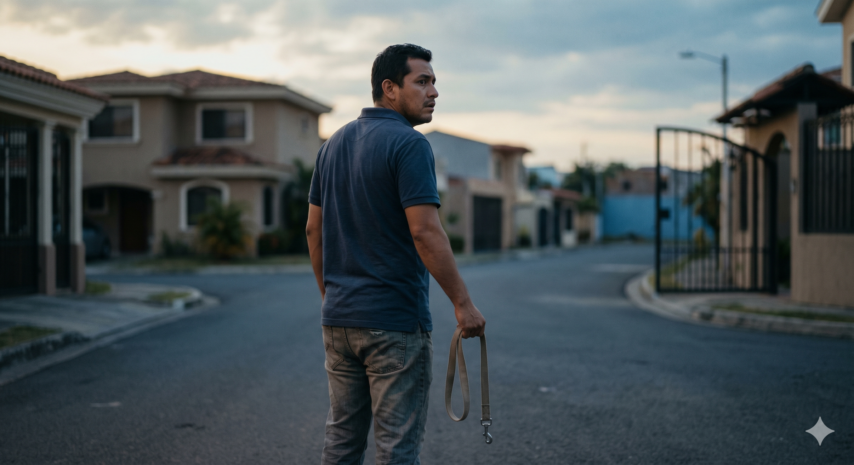Dueño angustiado buscando a su perro perdido en la calle