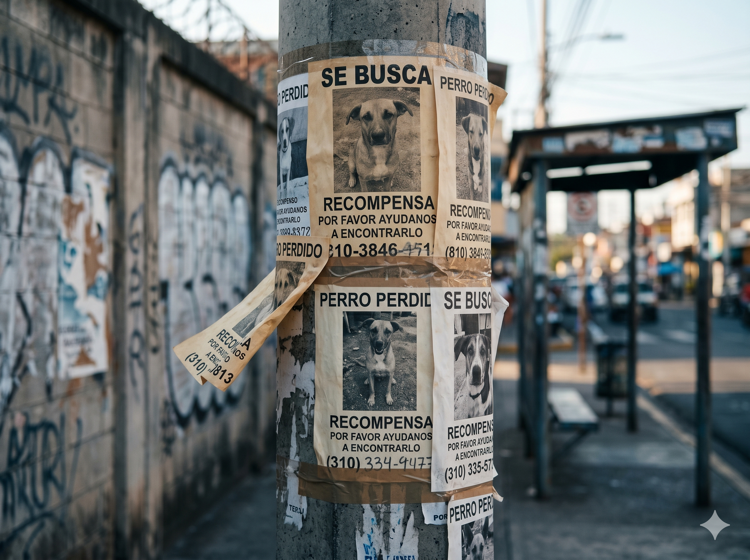 Carteles de mascotas perdidas pegados en un poste de luz