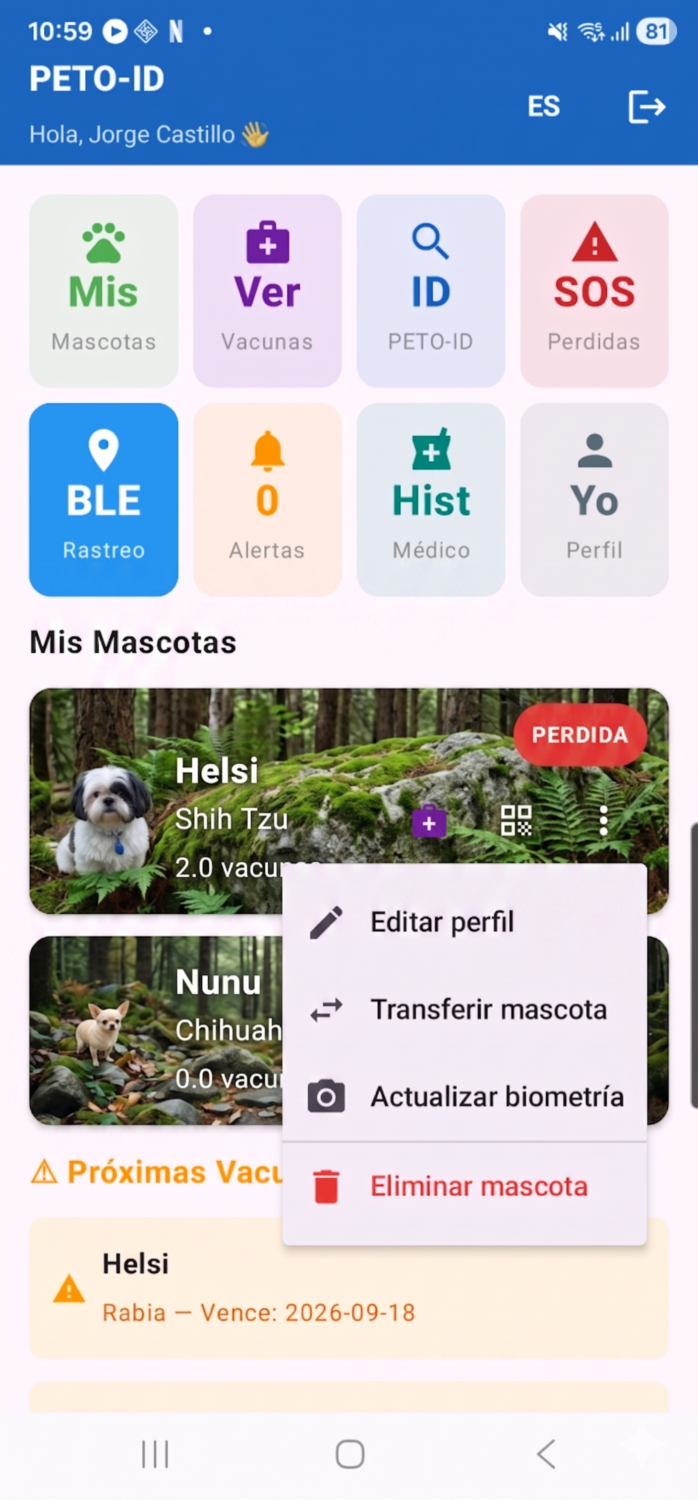Pantalla del perfil completo de la mascota guardado en la nube